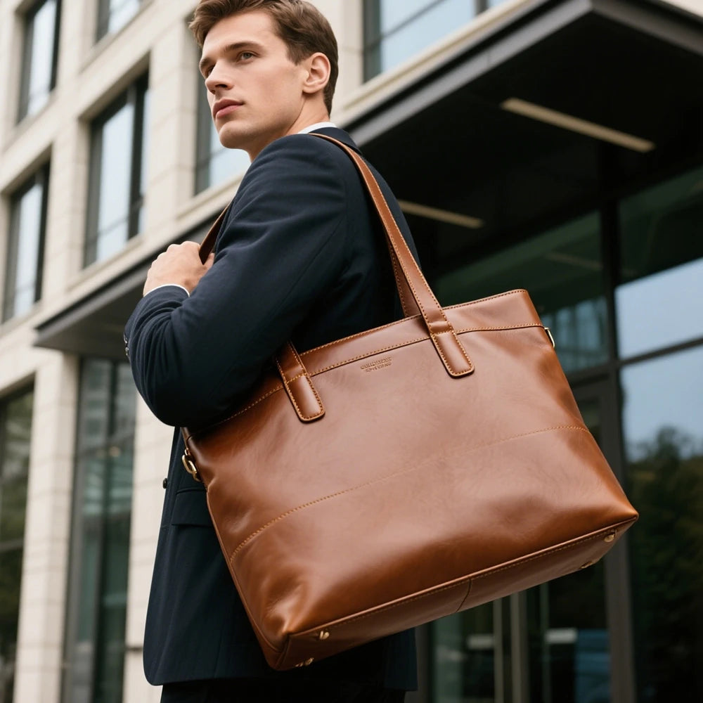 New Arrival Black Smooth Real Leather Bag Large Capacity Tote Bag Men's Work Handbag with Gold Stamping