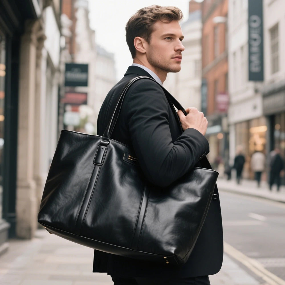 New Arrival Black Smooth Real Leather Bag Large Capacity Tote Bag Men's Work Handbag with Gold Stamping