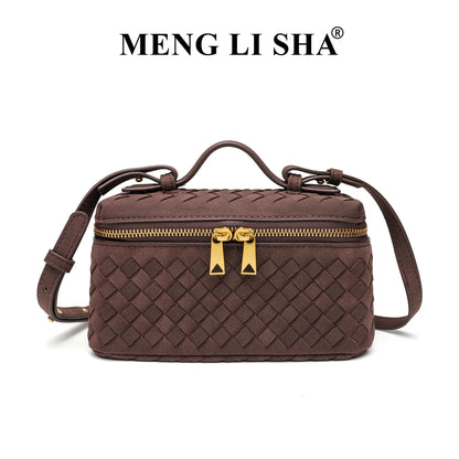 Cross-border Autumn Winter New Vintage Frosted PU Hand-woven Lunch Box Bag Fashionable Shoulder Crossbody Zipper Portable