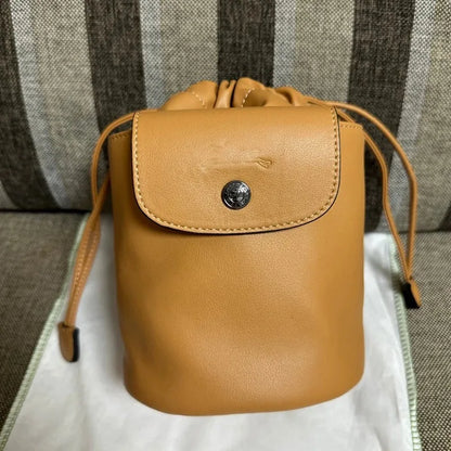 French Print Genuine Leather Drawstring Mini Bucket Bag Small Shoulder Crossbody Bag
