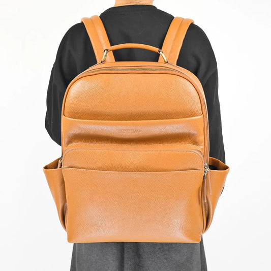 Premium Pebbled Cowhide Leather Bag Brown Leather Backpack Large Capacity Men's Backpack for Travel