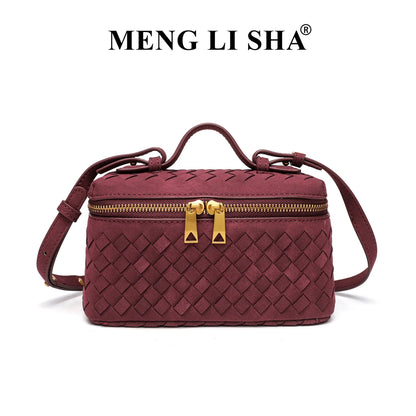 Cross-border Autumn Winter New Vintage Frosted PU Hand-woven Lunch Box Bag Fashionable Shoulder Crossbody Zipper Portable