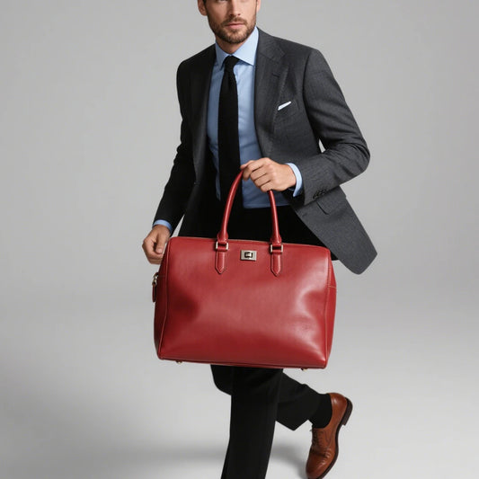 Red Genuine Leather Bag Personalized Durable Leather Handbag Spacious Men Work Bag with Zipper Closure