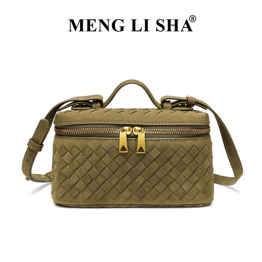 Cross-border Autumn Winter New Vintage Frosted PU Hand-woven Lunch Box Bag Fashionable Shoulder Crossbody Zipper Portable