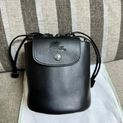 French Print Genuine Leather Drawstring Mini Bucket Bag Small Shoulder Crossbody Bag