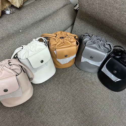 French Print Genuine Leather Drawstring Mini Bucket Bag Small Shoulder Crossbody Bag