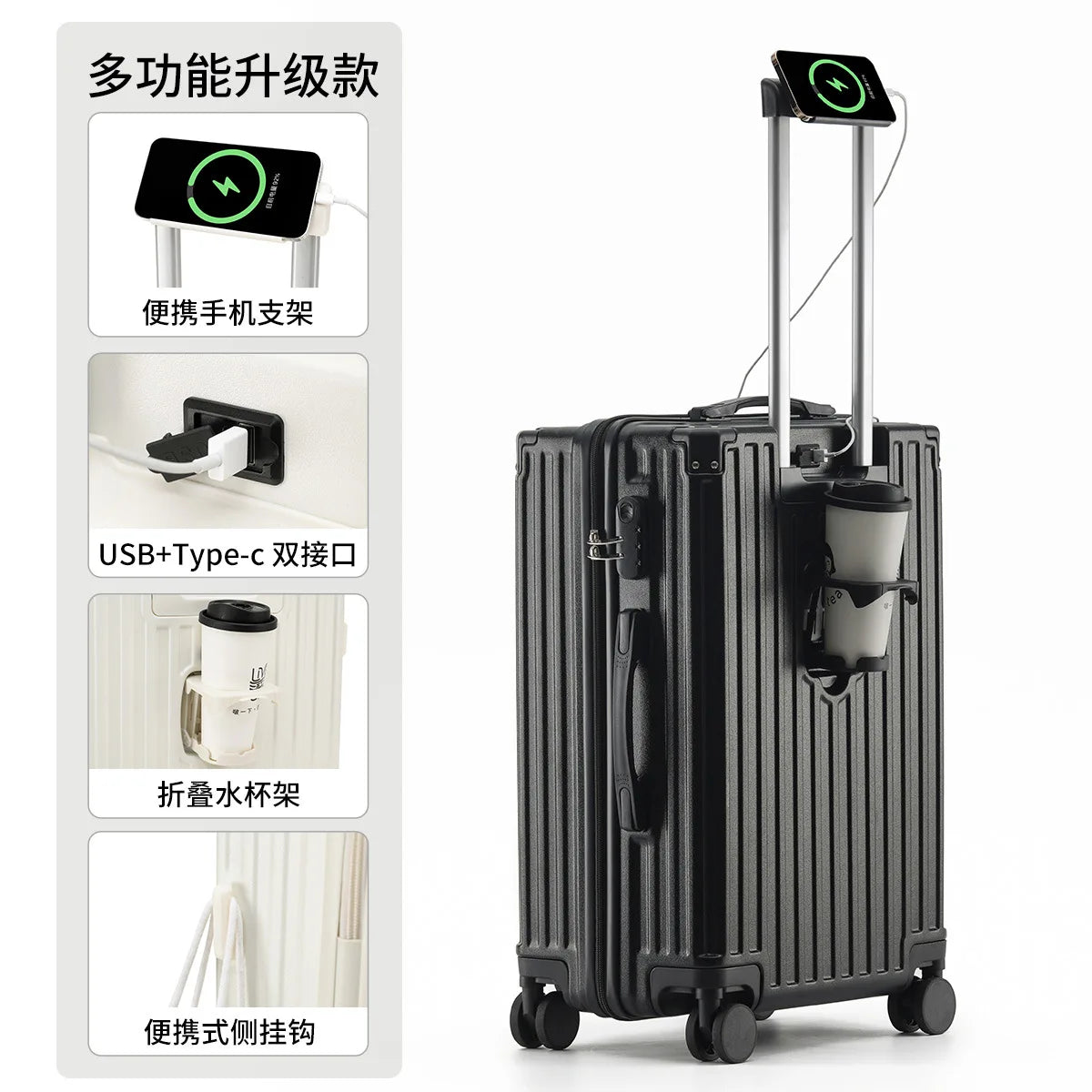 Unisex ABS Spinner Luggage Case 24 Inch Strong Durable 28 Trolley Suitcase 20 Boarding Code with USB Interface Waterproof