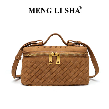 Cross-border Autumn Winter New Vintage Frosted PU Hand-woven Lunch Box Bag Fashionable Shoulder Crossbody Zipper Portable