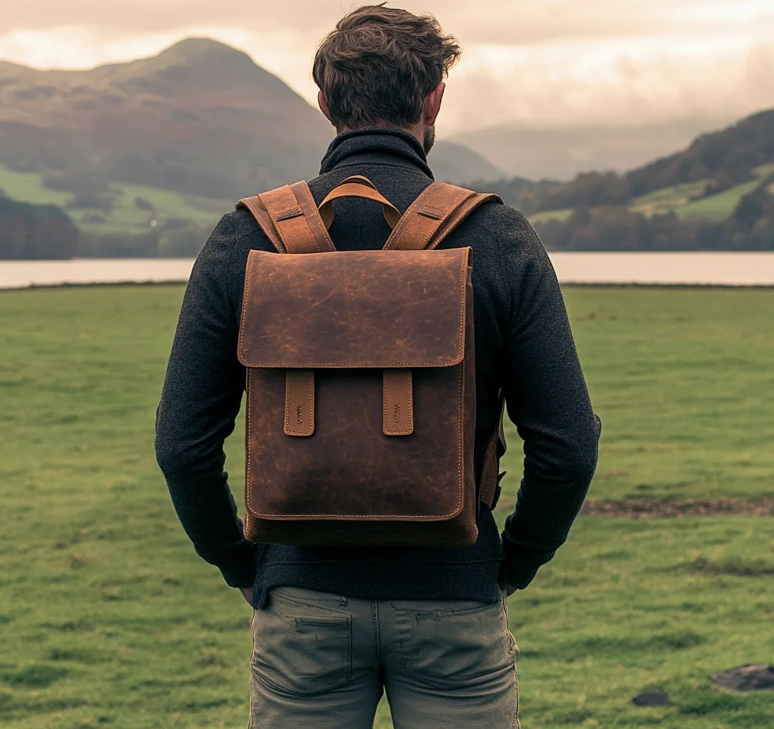 High Quality Office Men's Retro Bag Dark Brown Genuine Leather Backpack