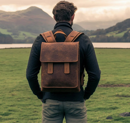 High Quality Office Men's Retro Bag Dark Brown Genuine Leather Backpack