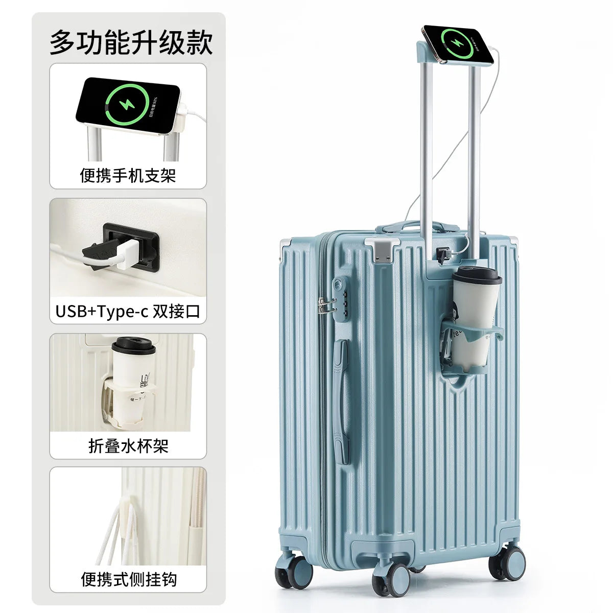 Unisex ABS Spinner Luggage Case 24 Inch Strong Durable 28 Trolley Suitcase 20 Boarding Code with USB Interface Waterproof