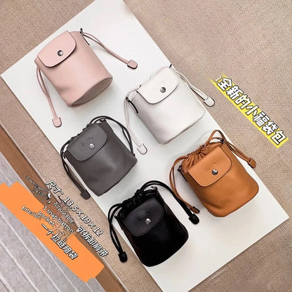 French Print Genuine Leather Drawstring Mini Bucket Bag Small Shoulder Crossbody Bag