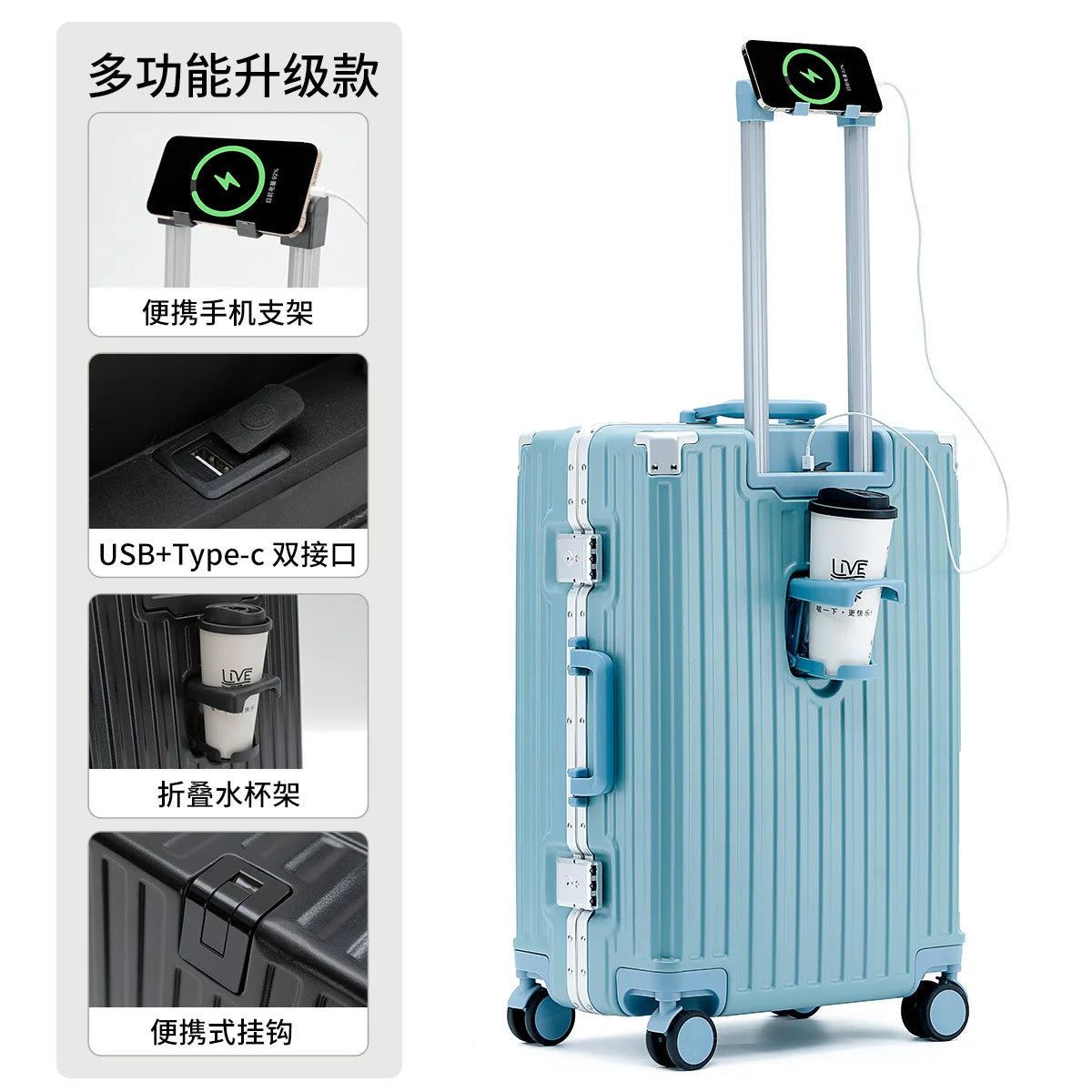 Unisex ABS Spinner Luggage Case 24 Inch Strong Durable 28 Trolley Suitcase 20 Boarding Code with USB Interface Waterproof