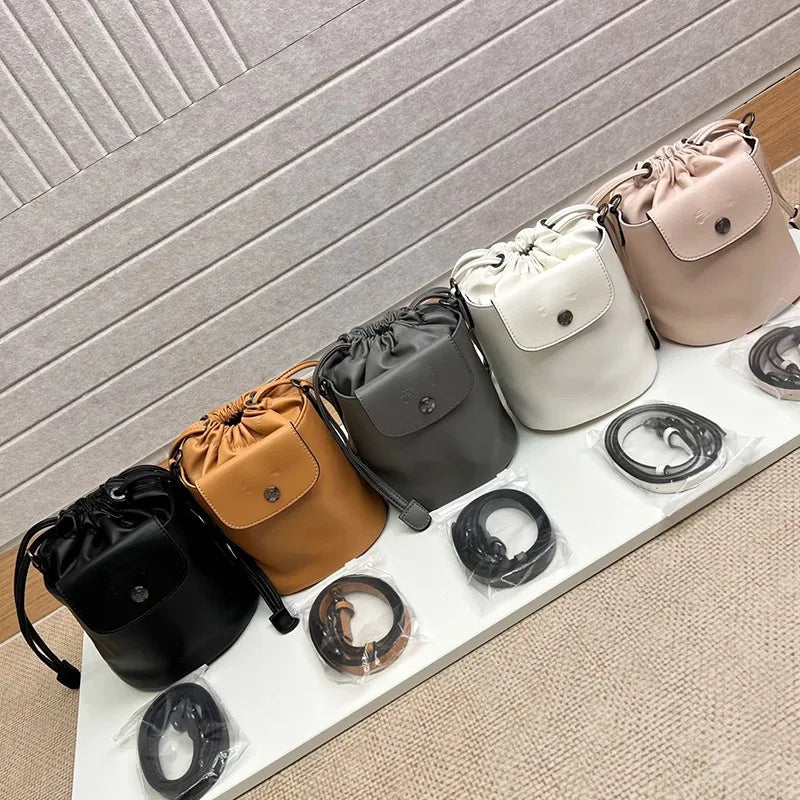 French Print Genuine Leather Drawstring Mini Bucket Bag Small Shoulder Crossbody Bag