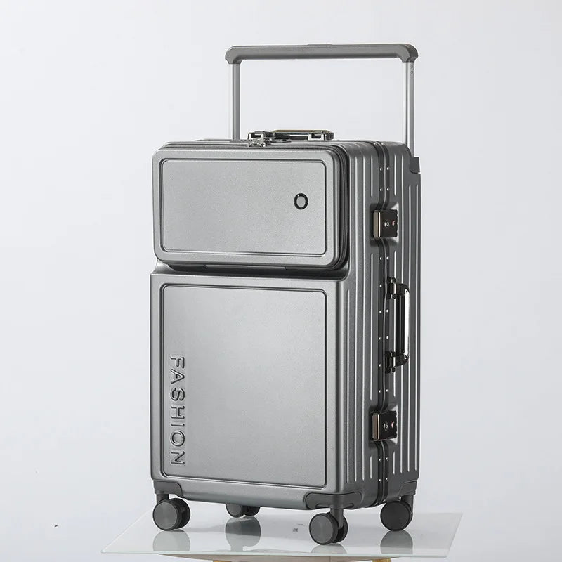 2025 New Large-Capacity Front-Opening Aluminum-Frame Spinner Suitcase ABS+PC Zipper Carry-On Luggage with Lock 20-28 Inch
