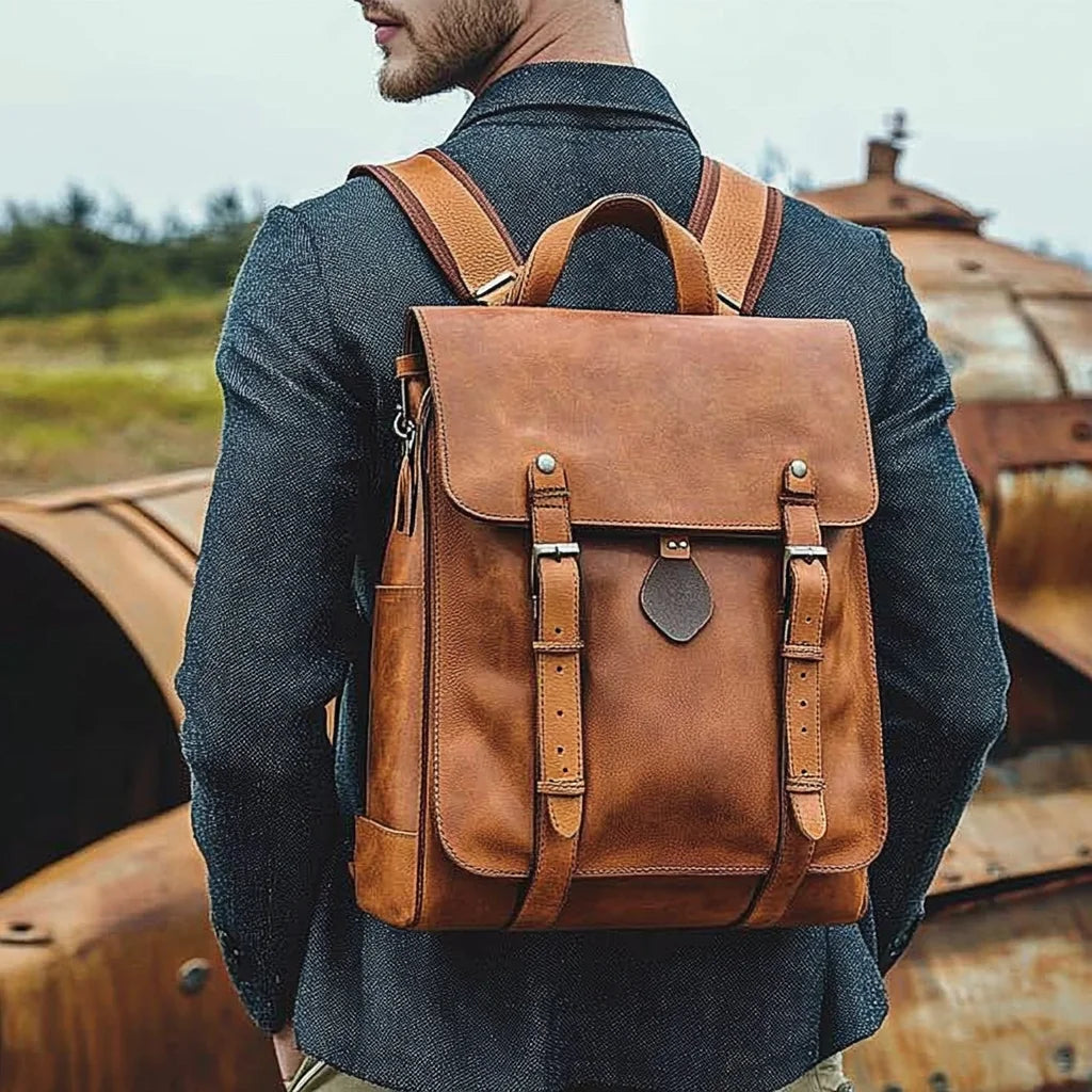 Vintage Crazy Horse Leather Backpack Large Capacity Men's Travel Backpack Genuine Leather Backpack for Camping