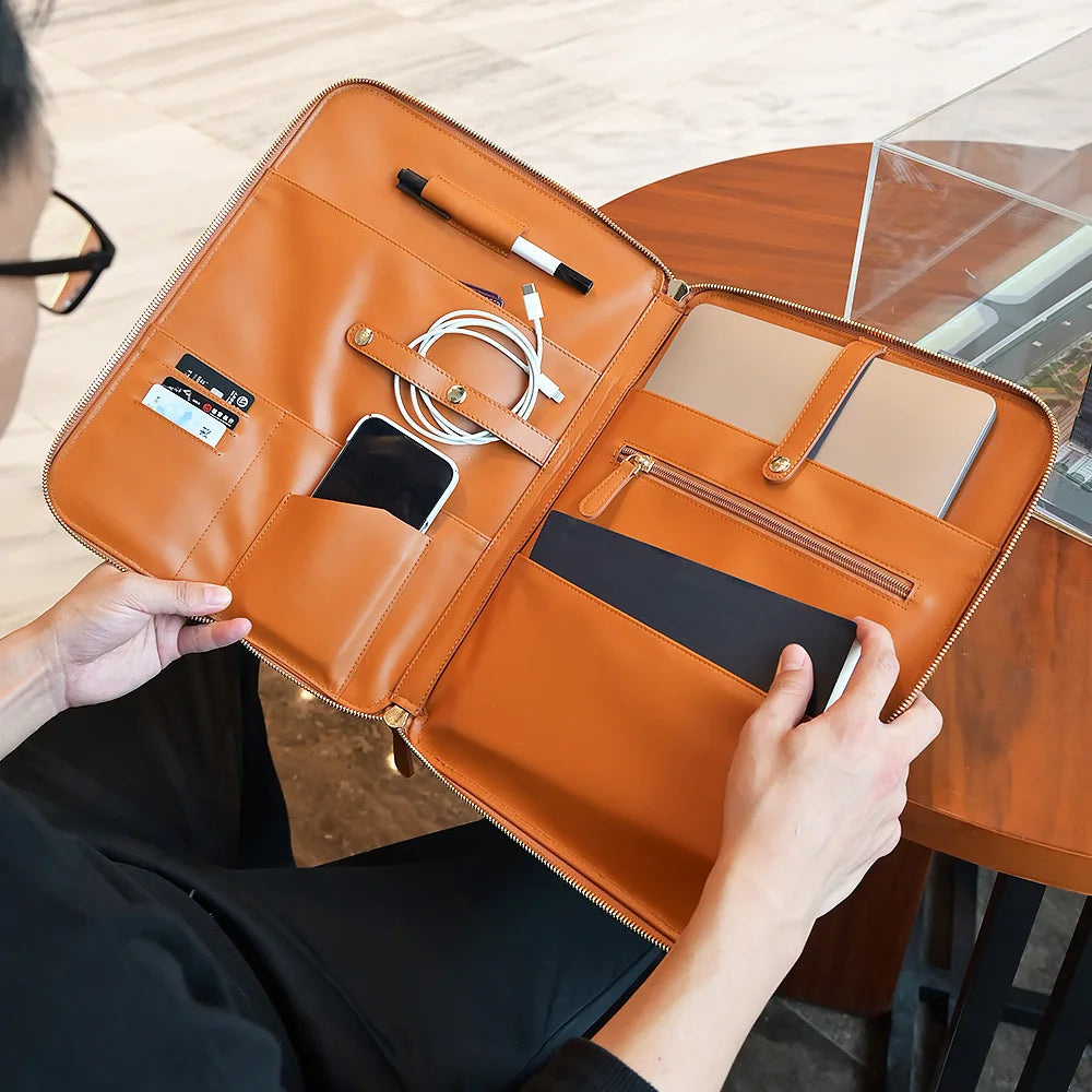 New Design Portable High Quality Leather Portfolio Durable Meeting Notebook Briefcase Bag