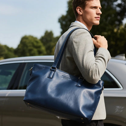 New Arrival Black Smooth Real Leather Bag Large Capacity Tote Bag Men's Work Handbag with Gold Stamping