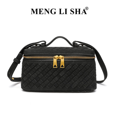 Cross-border Autumn Winter New Vintage Frosted PU Hand-woven Lunch Box Bag Fashionable Shoulder Crossbody Zipper Portable
