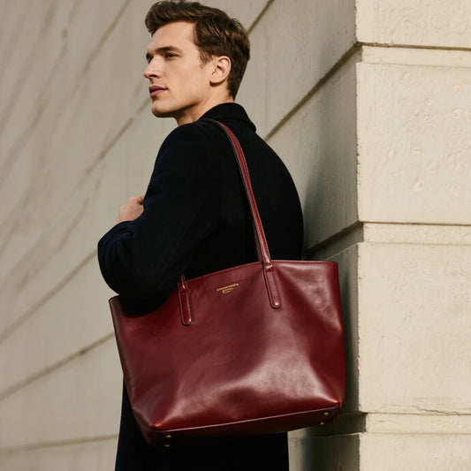 Vintage Deep Red Business Bag Durable Genuine Leather Tote Bag Leather Work Handbag with Reinforced Handle