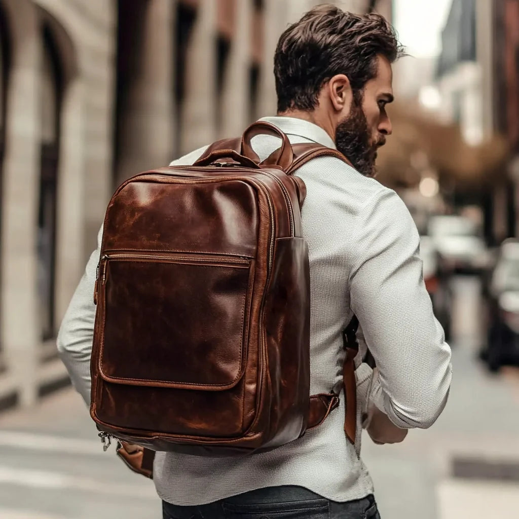 Men's Backpack Dark Brown Real Leather Backpack Vintage Style Leather Bags for Business