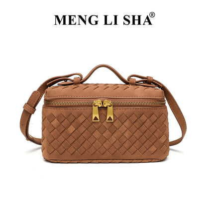 Cross-border Autumn Winter New Vintage Frosted PU Hand-woven Lunch Box Bag Fashionable Shoulder Crossbody Zipper Portable