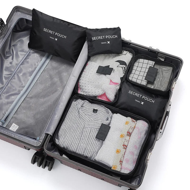Modern Polyester Travel Storage Bag Set with Zipper Closure Small Six-Piece Luggage for Clothes & Shoes Letter Pattern