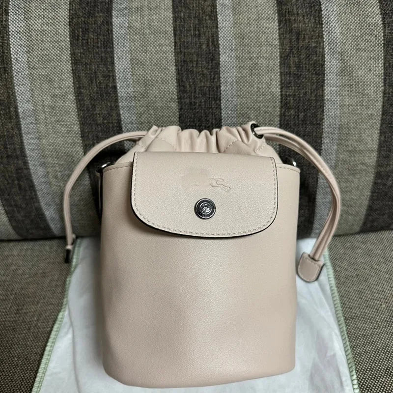 French Print Genuine Leather Drawstring Mini Bucket Bag Small Shoulder Crossbody Bag