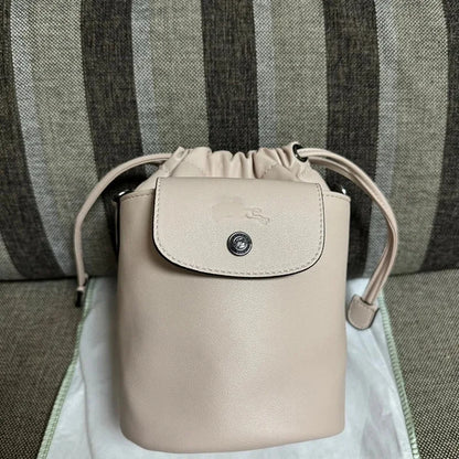 French Print Genuine Leather Drawstring Mini Bucket Bag Small Shoulder Crossbody Bag