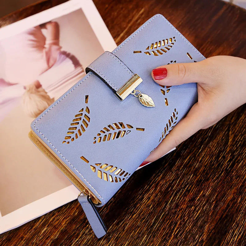 Promotion Hollow Leaves Design Coin & Card Purse Cheap Fancy Women Purses Ladies Short Wallets Long Purse PU Fashion Zipper