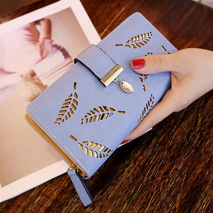 Promotion Hollow Leaves Design Coin & Card Purse Cheap Fancy Women Purses Ladies Short Wallets Long Purse PU Fashion Zipper