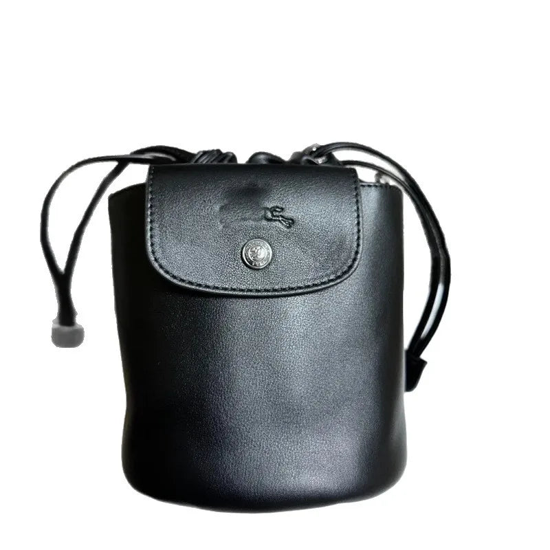 French Print Genuine Leather Drawstring Mini Bucket Bag Small Shoulder Crossbody Bag