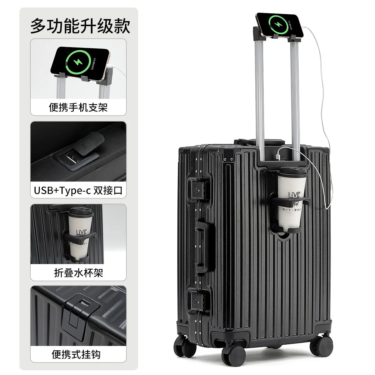 Unisex ABS Spinner Luggage Case 24 Inch Strong Durable 28 Trolley Suitcase 20 Boarding Code with USB Interface Waterproof