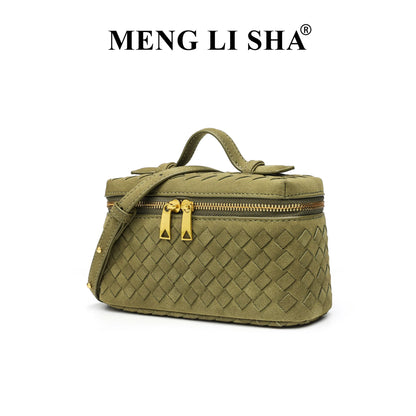 Cross-border Autumn Winter New Vintage Frosted PU Hand-woven Lunch Box Bag Fashionable Shoulder Crossbody Zipper Portable
