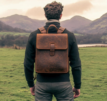High Quality Office Men's Retro Bag Dark Brown Genuine Leather Backpack
