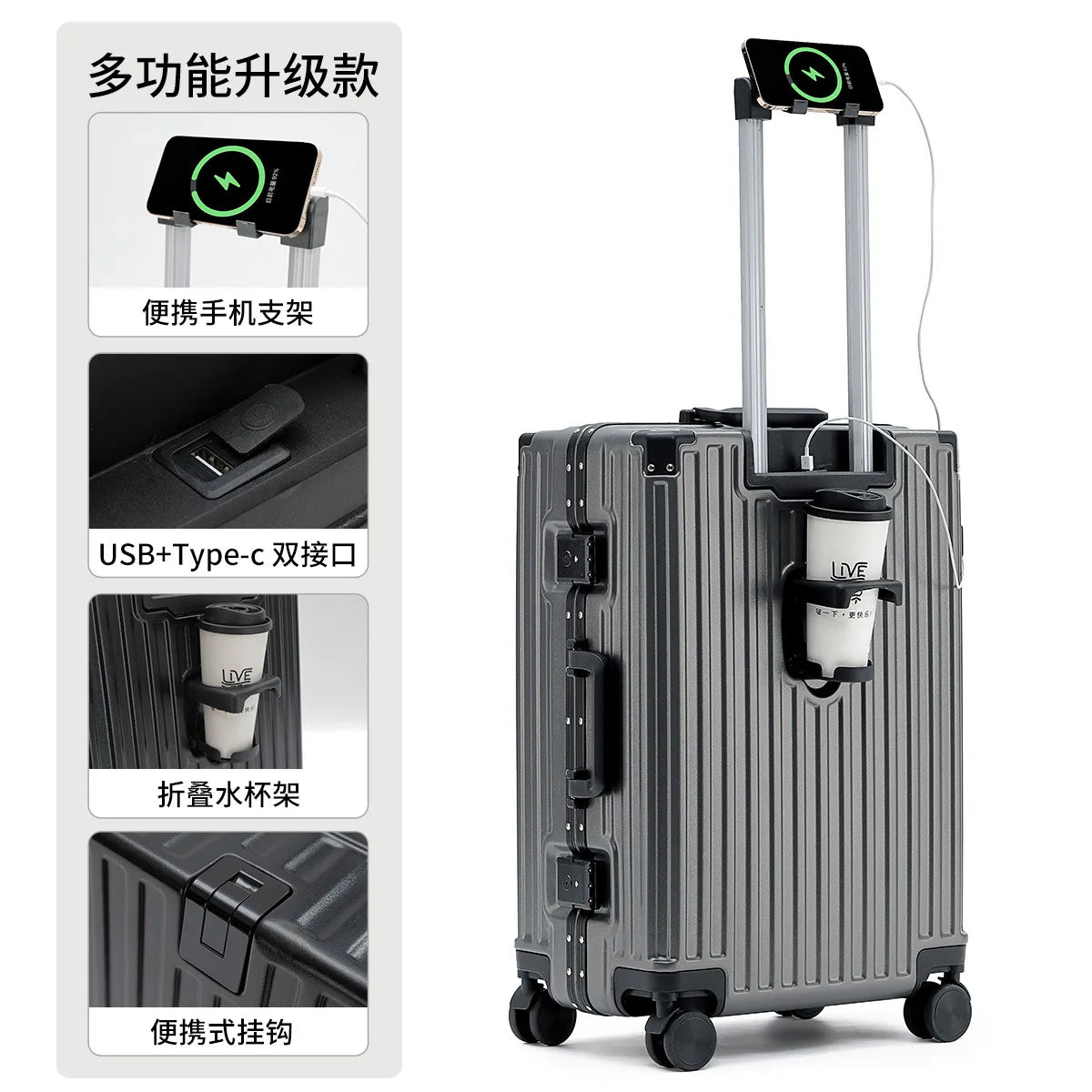 Unisex ABS Spinner Luggage Case 24 Inch Strong Durable 28 Trolley Suitcase 20 Boarding Code with USB Interface Waterproof