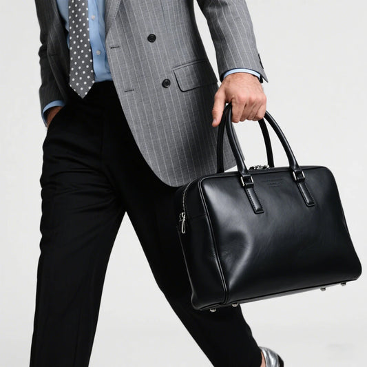 High Quality Black Leather Handbag Embossed Genuine Leather Work Bag Multi-functional Men's Bag