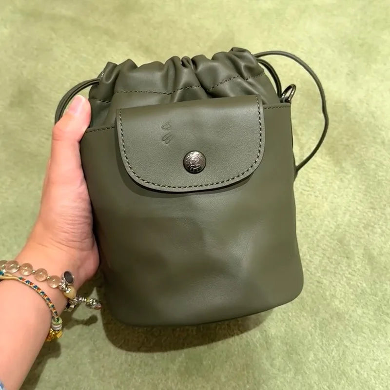 French Print Genuine Leather Drawstring Mini Bucket Bag Small Shoulder Crossbody Bag