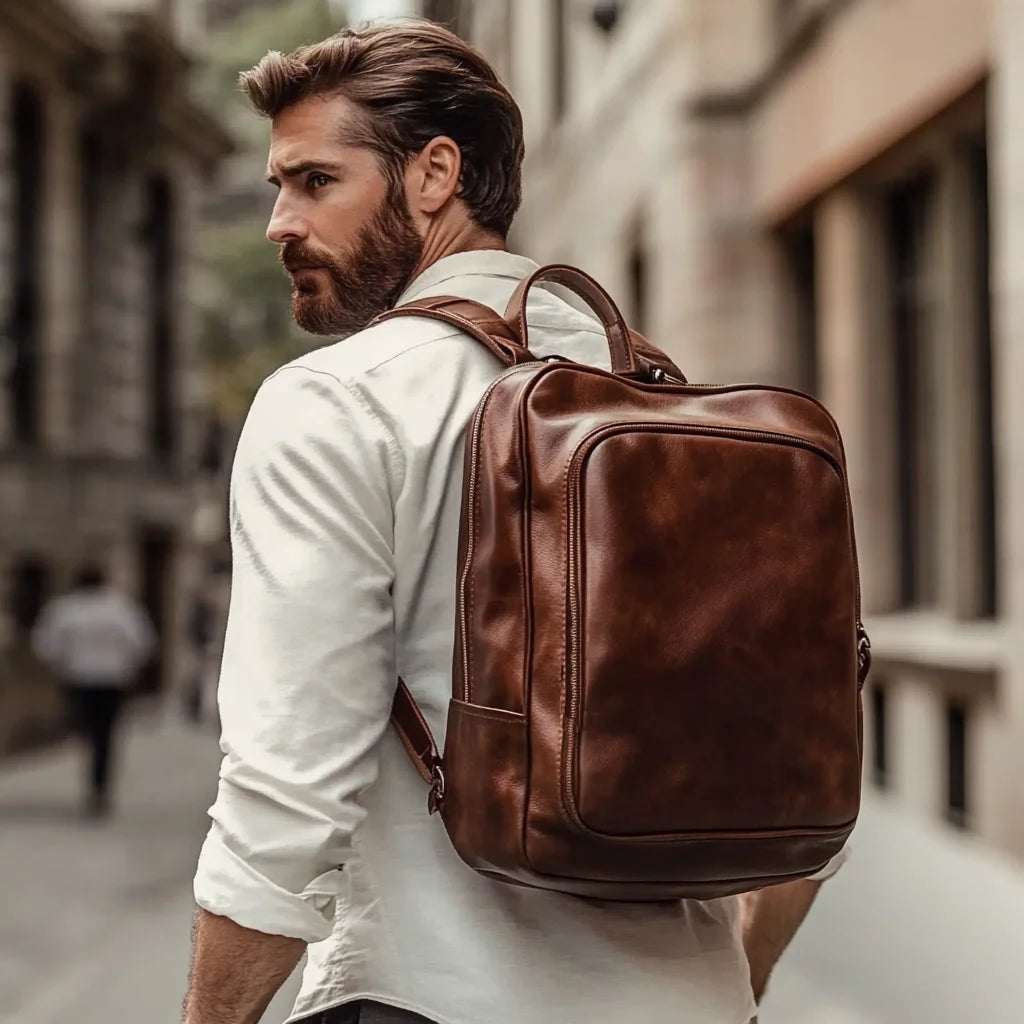 Men's Backpack Dark Brown Real Leather Backpack Vintage Style Leather Bags for Business