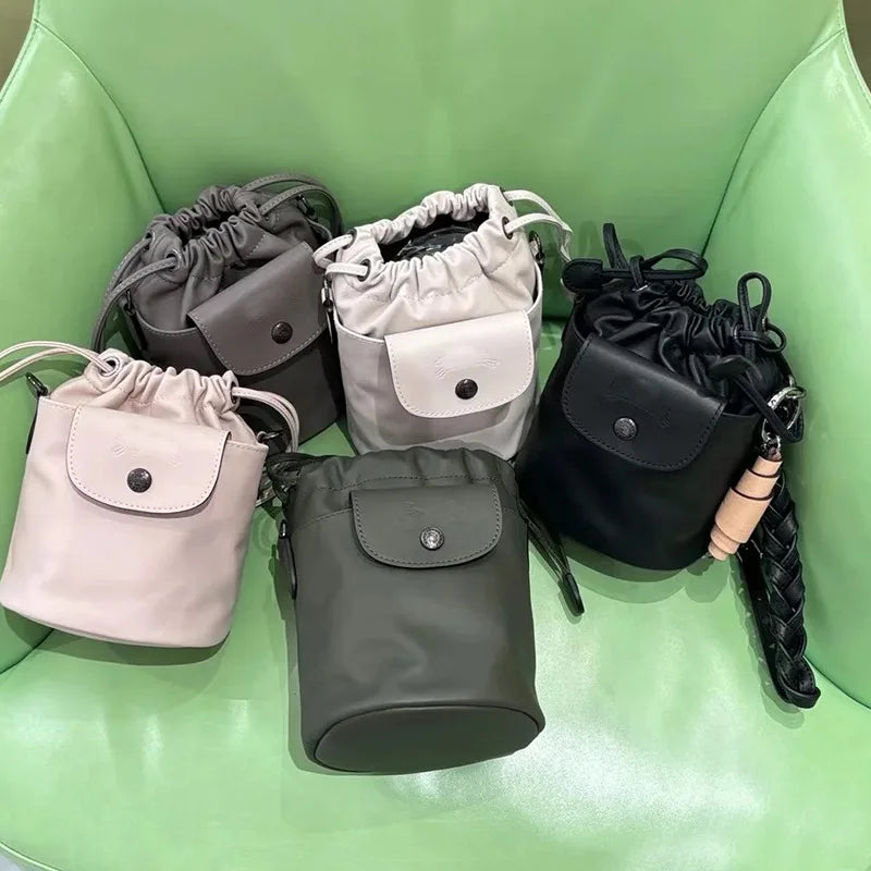 French Print Genuine Leather Drawstring Mini Bucket Bag Small Shoulder Crossbody Bag