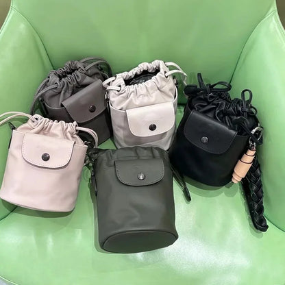 French Print Genuine Leather Drawstring Mini Bucket Bag Small Shoulder Crossbody Bag