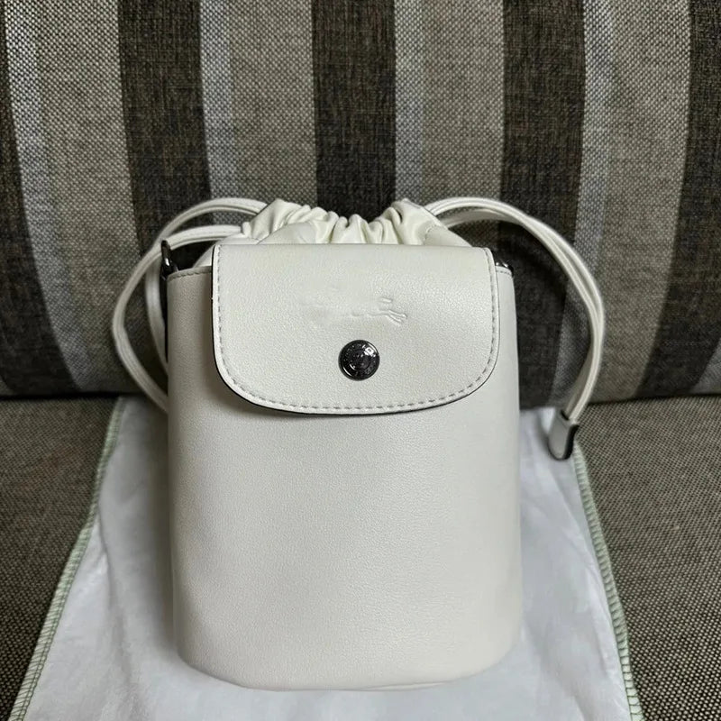 French Print Genuine Leather Drawstring Mini Bucket Bag Small Shoulder Crossbody Bag