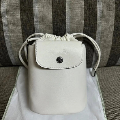 French Print Genuine Leather Drawstring Mini Bucket Bag Small Shoulder Crossbody Bag