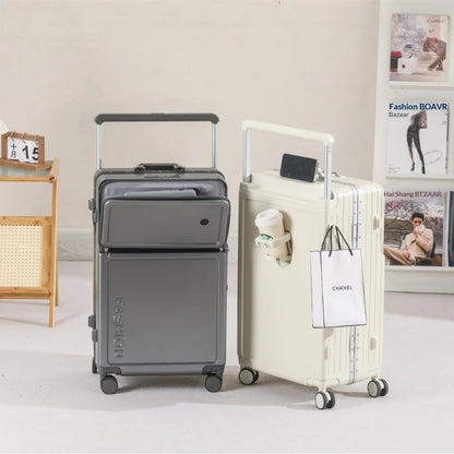 2025 New Large-Capacity Front-Opening Aluminum-Frame Spinner Suitcase ABS+PC Zipper Carry-On Luggage with Lock 20-28 Inch