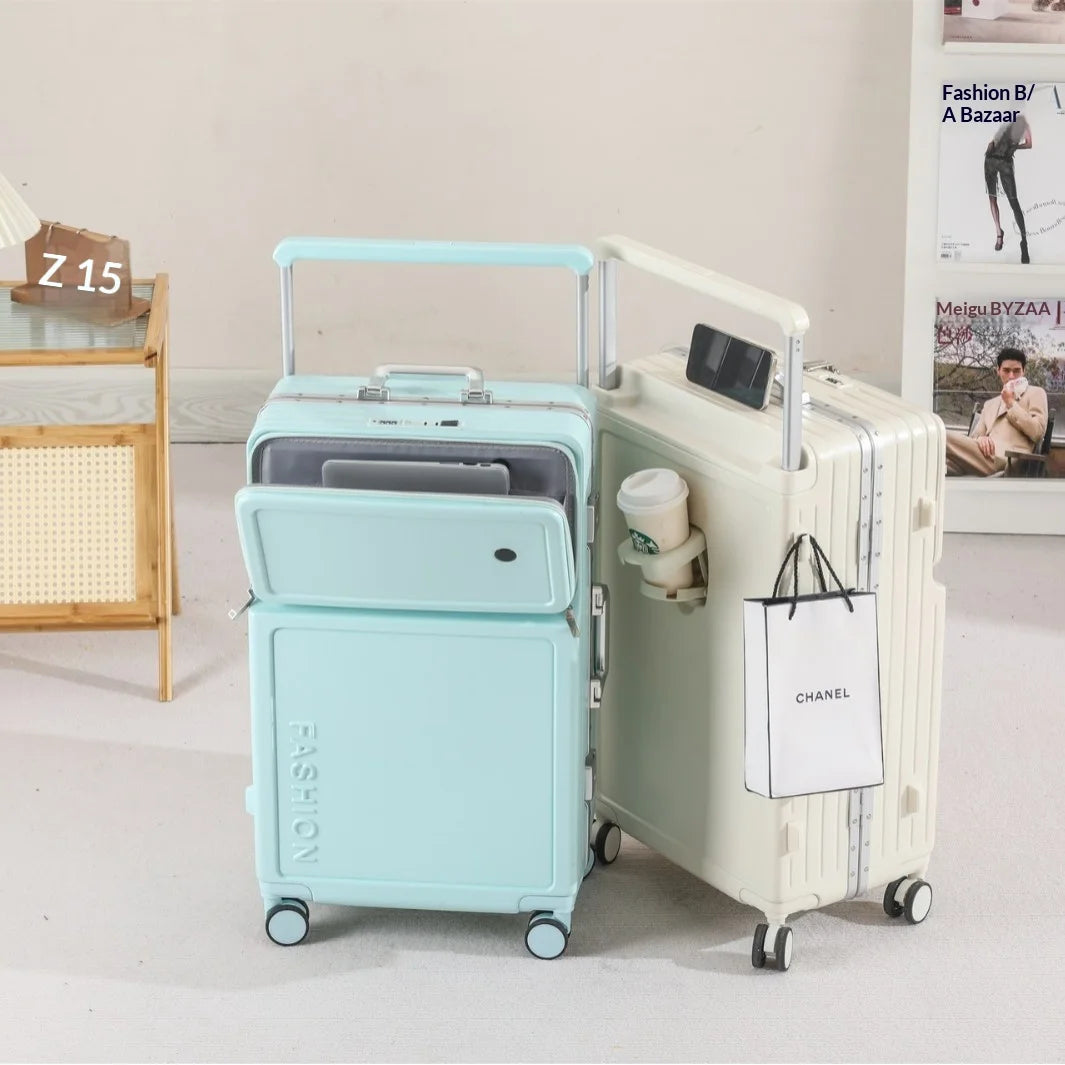 2025 New Large-Capacity Front-Opening Aluminum-Frame Spinner Suitcase ABS+PC Zipper Carry-On Luggage with Lock 20-28 Inch