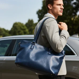 High Quality Men's Genuine Leather Handbag Premium Quality Deep Blue Work Bag Leather Tote Bag with Embossed