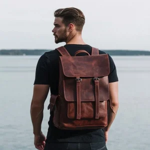 Large Capacity Claret Real Leather Bag Men's Leather Backpack Genuine Leather Backpack With Flap Cover