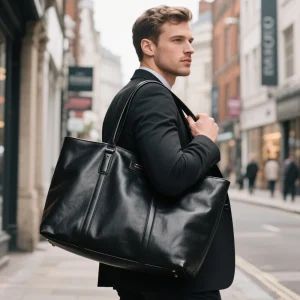 New Arrival Black Smooth Real Leather Bag Large Capacity Tote Bag Men's Work Handbag with Gold Stamping