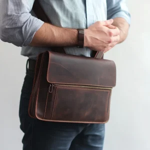 Crazy Horse Leather Messenger Bag Durable Work Sling Bag Multi-functional Men's Cross Body Bag With Zipper Pocket