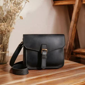 Durable Black Genuine Leather Shoulder Bag Men's Mini Sling Bag High End Leather Cross Body Bag With Buckle Strap